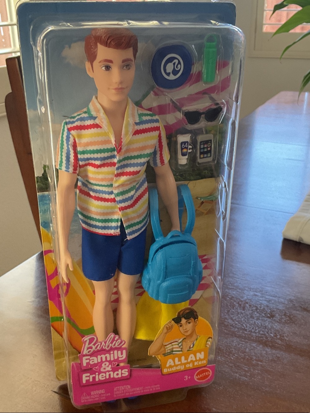 Barbie Movie Ken Buddy Allan Doll in Rainbow Stripe Shirt w/Blue Backpack NRFB